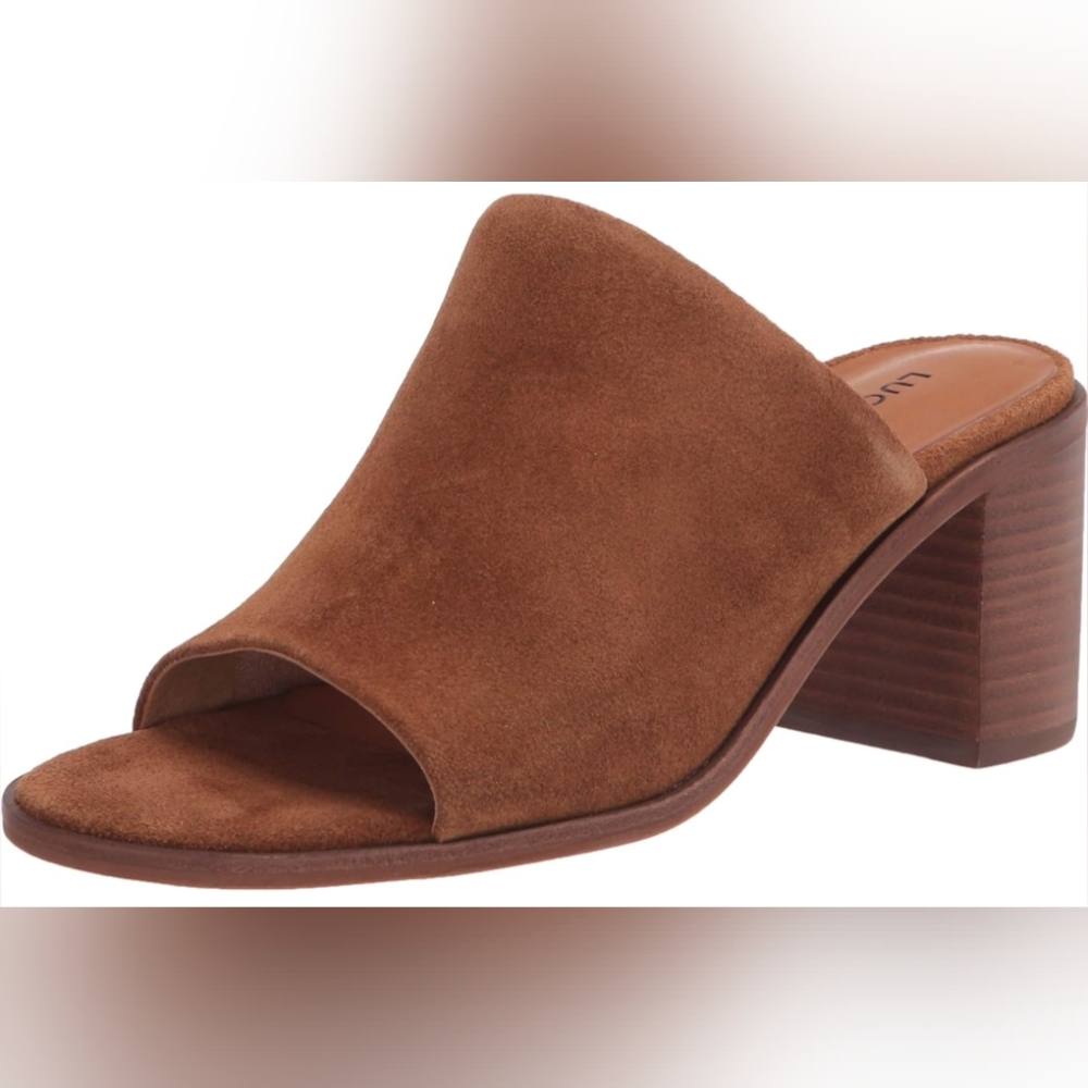 LUCKY BRAND* Nubuck slides block heel slip on size 40/9; rust colour wood